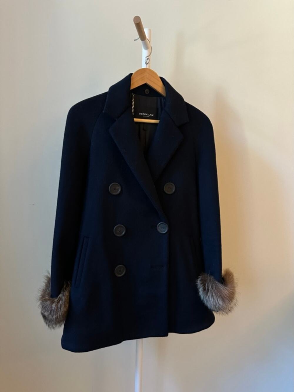Derek Lam Collection Navy Wool Coat with Raccoon Fur Cuffs, Size 0